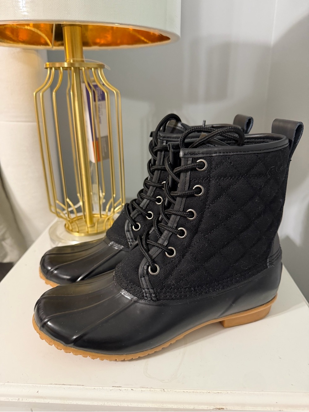 G.H. Bass & Co. Black Quilted Lace-Up Duck Boots with Tan Sole